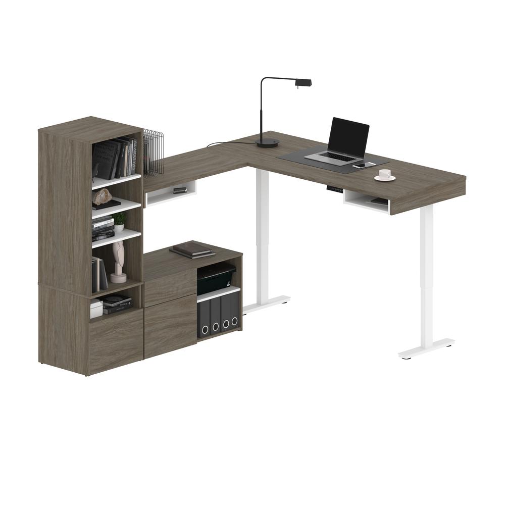 Bestar Viva 72W L-Shaped Standing Desk with Credenza and Shelving Unit , Walnut Grey & White. Picture 2