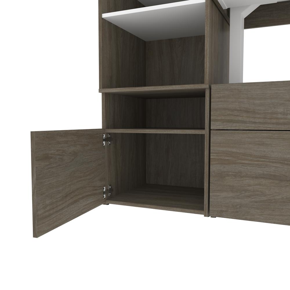 Bestar Viva 72W L-Shaped Standing Desk with Credenza and Shelving Unit , Walnut Grey & White. Picture 11