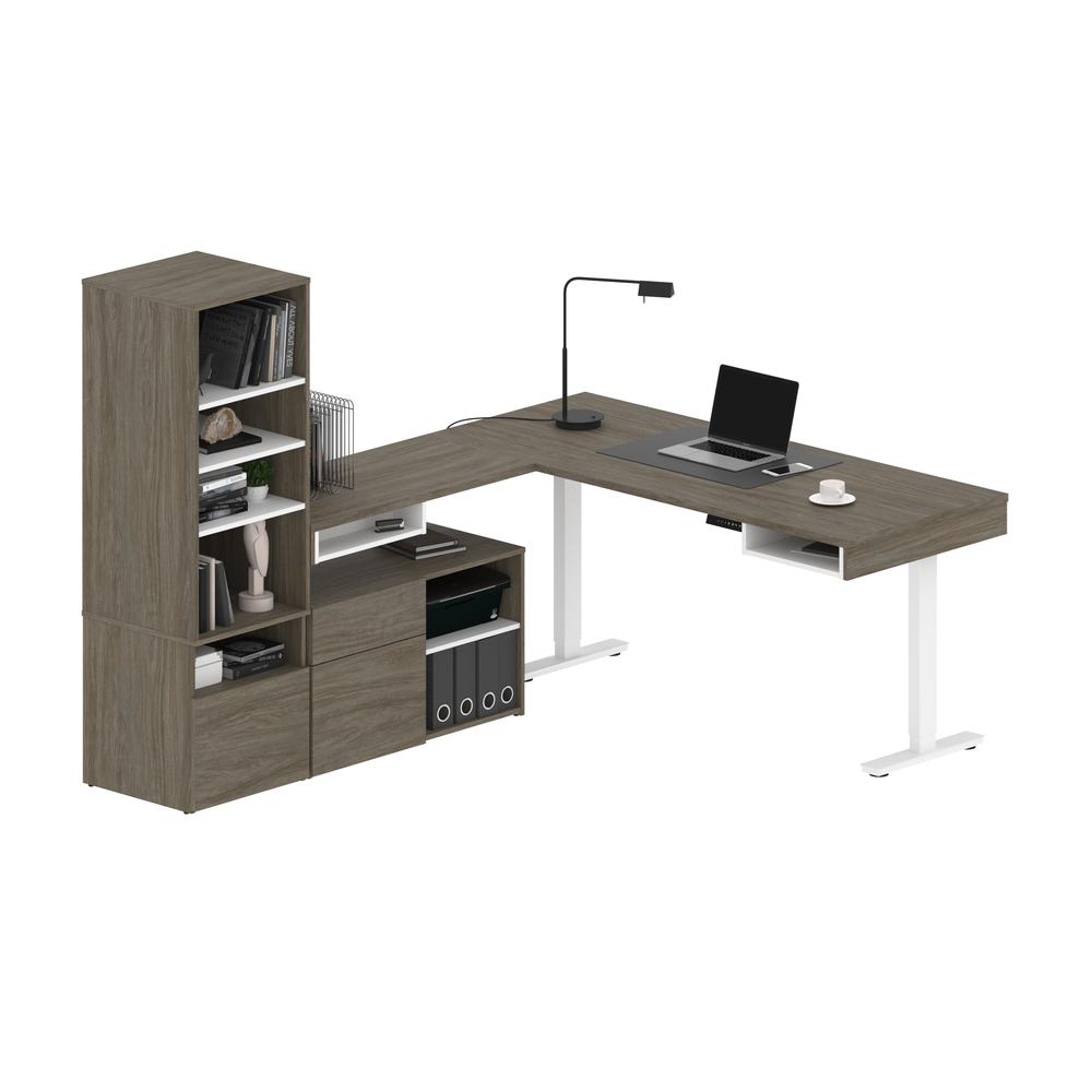 Bestar Viva 72W L-Shaped Standing Desk with Credenza and Shelving Unit , Walnut Grey & White. Picture 3
