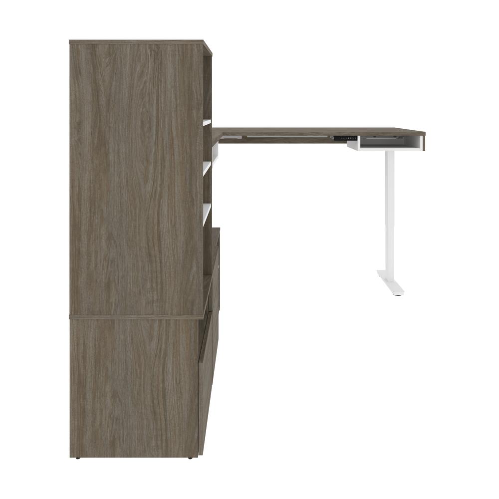 Bestar Viva 72W L-Shaped Standing Desk with Credenza and Shelving Unit , Walnut Grey & White. Picture 4