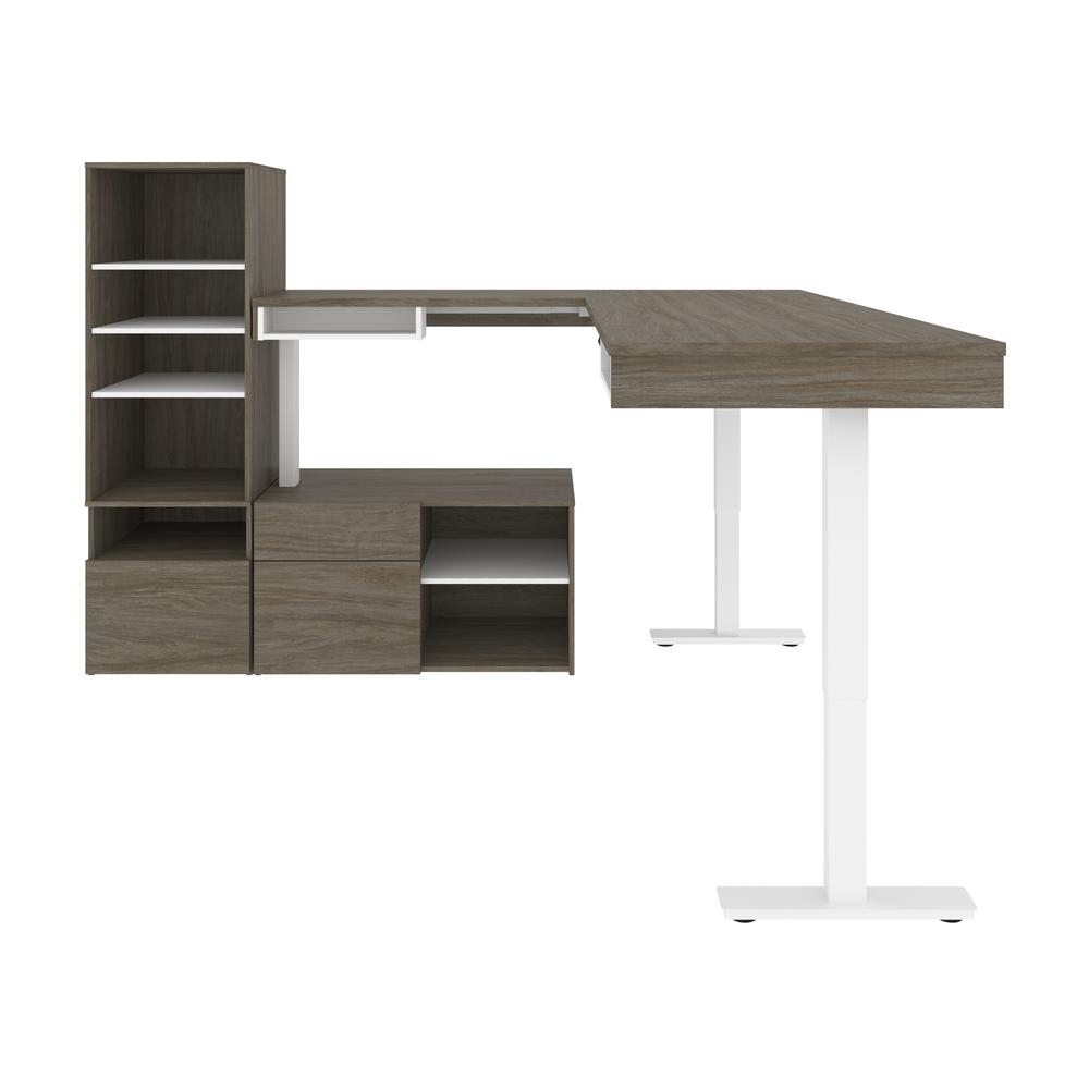 Bestar Viva 72W L-Shaped Standing Desk with Credenza and Shelving Unit , Walnut Grey & White. Picture 5