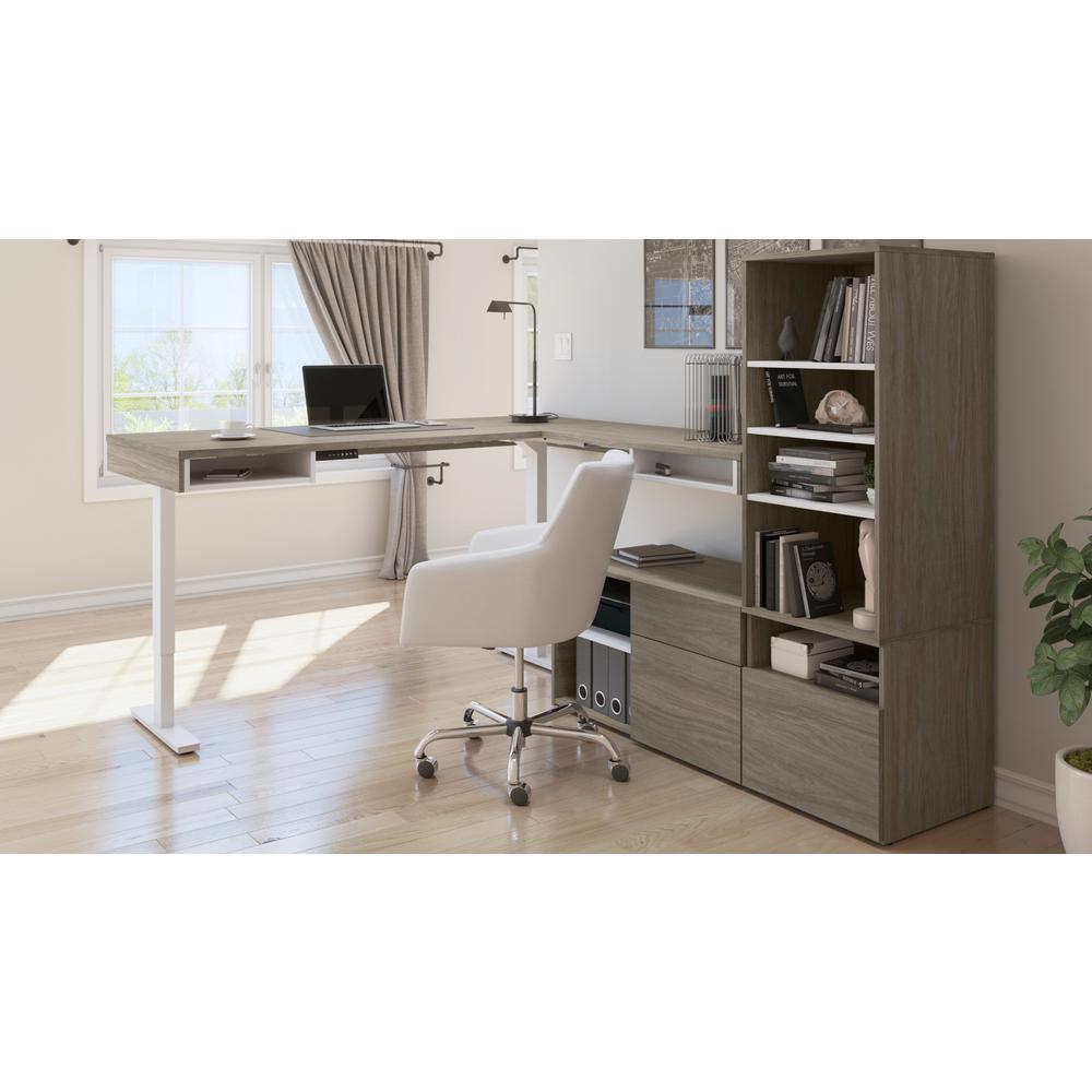 Bestar Viva 72W L-Shaped Standing Desk with Credenza and Shelving Unit , Walnut Grey & White. Picture 7