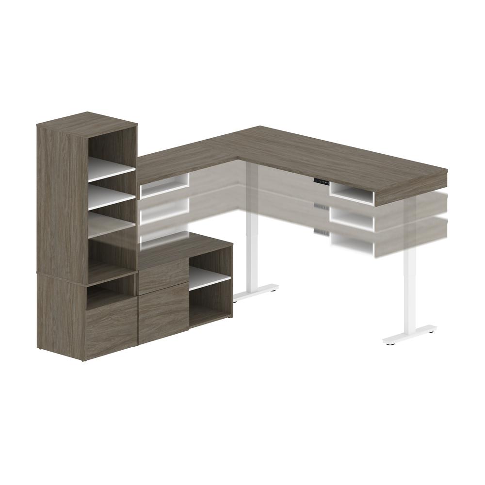 Bestar Viva 72W L-Shaped Standing Desk with Credenza and Shelving Unit , Walnut Grey & White. Picture 8