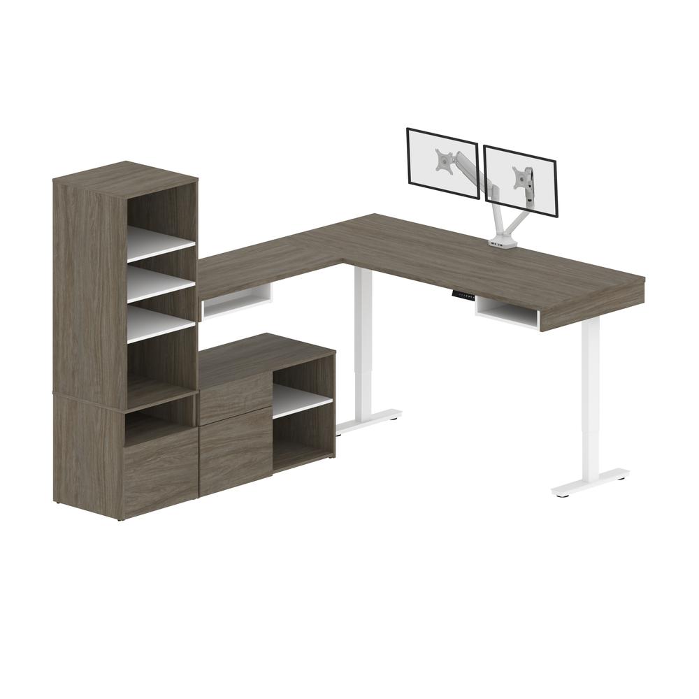 Bestar Viva 72W L-Shaped Standing Desk with Dual Monitor Arm and Storage , Walnut Grey & White. Picture 1