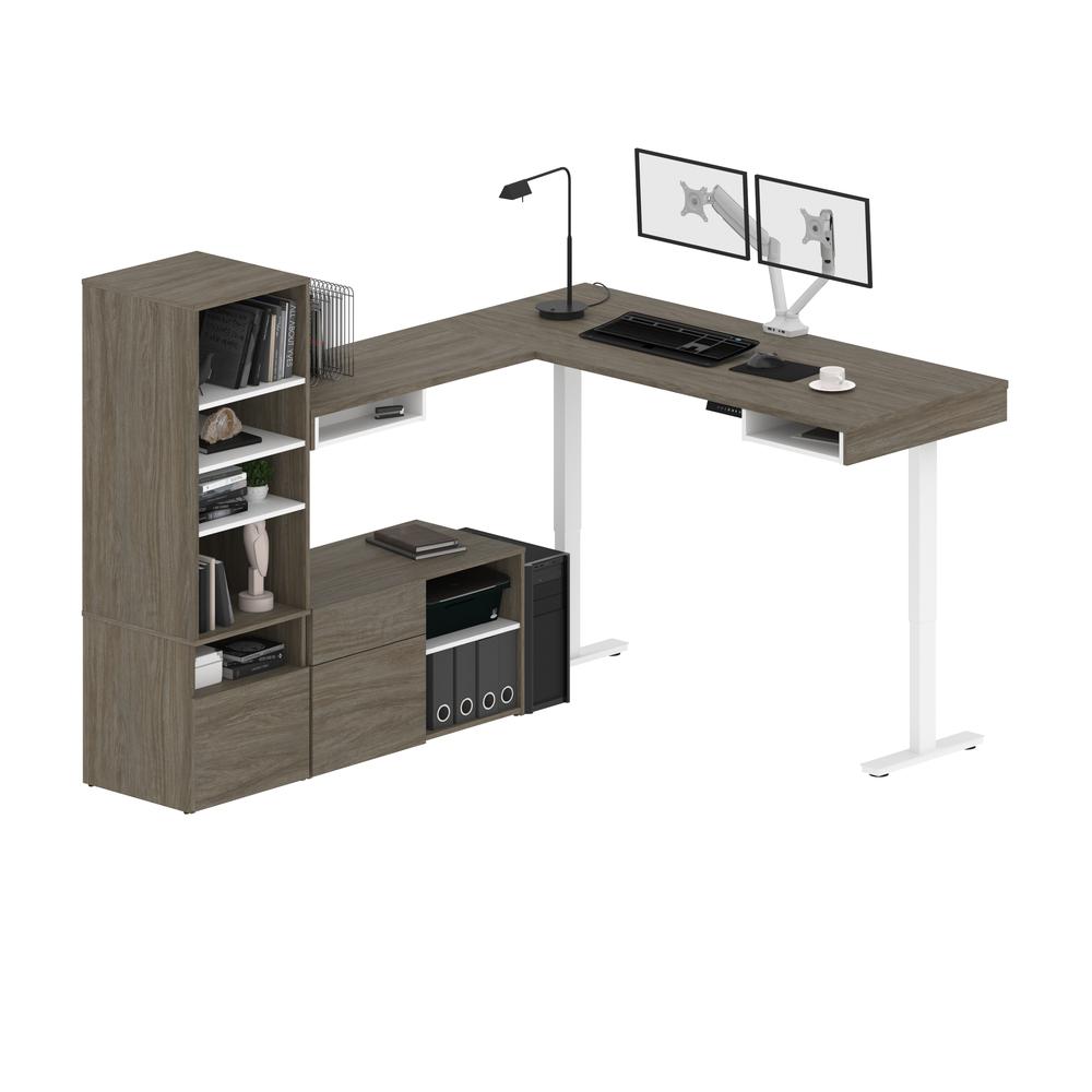 Bestar Viva 72W L-Shaped Standing Desk with Dual Monitor Arm and Storage , Walnut Grey & White. Picture 2