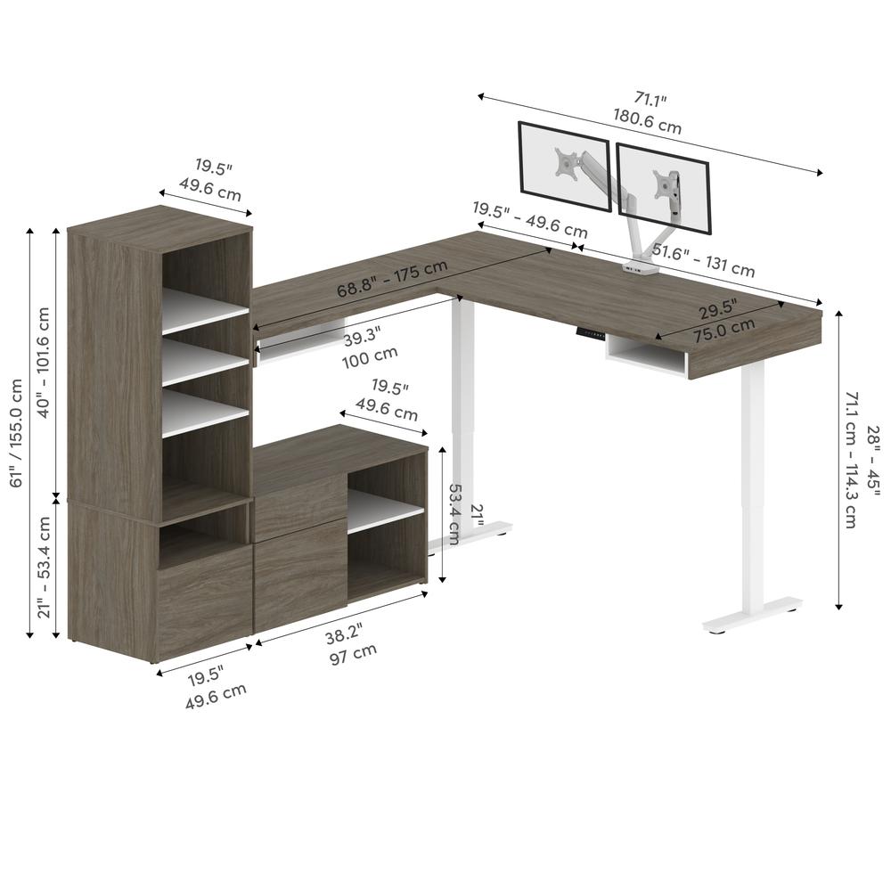 Bestar Viva 72W L-Shaped Standing Desk with Dual Monitor Arm and Storage , Walnut Grey & White. Picture 5