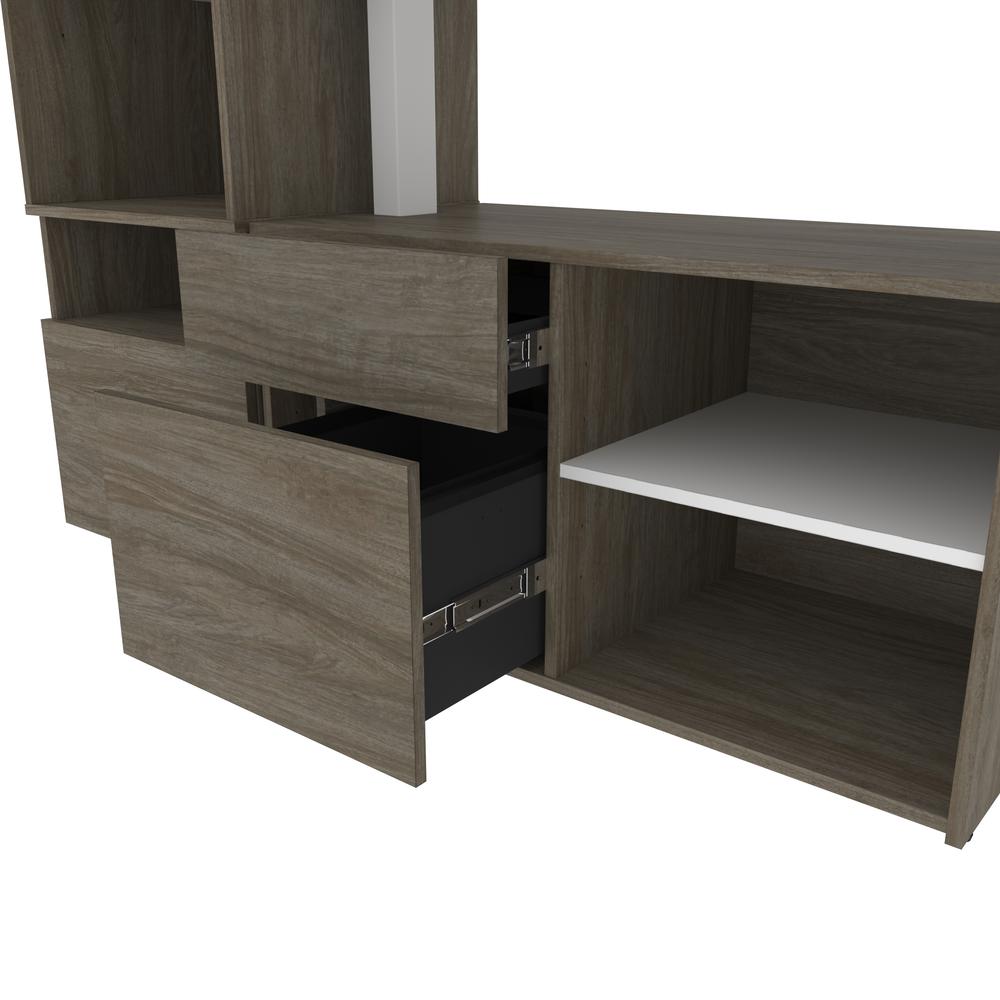 Bestar Viva 72W L-Shaped Standing Desk with Dual Monitor Arm and Storage , Walnut Grey & White. Picture 13