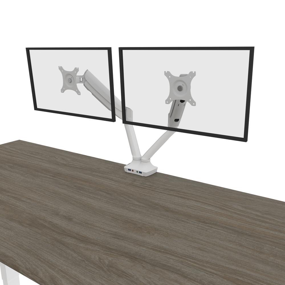 Bestar Viva 72W L-Shaped Standing Desk with Dual Monitor Arm and Storage , Walnut Grey & White. Picture 15