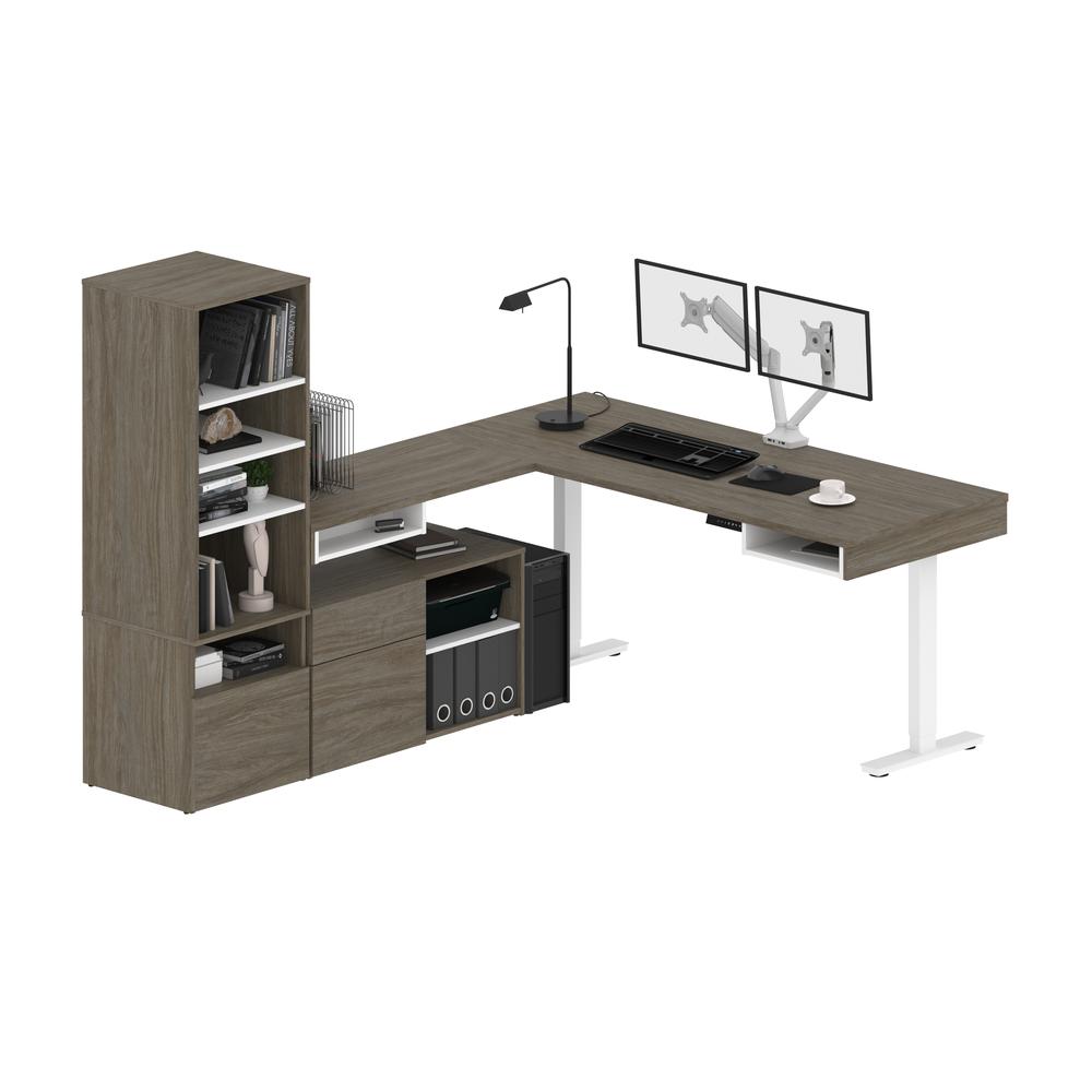 Bestar Viva 72W L-Shaped Standing Desk with Dual Monitor Arm and Storage , Walnut Grey & White. Picture 3