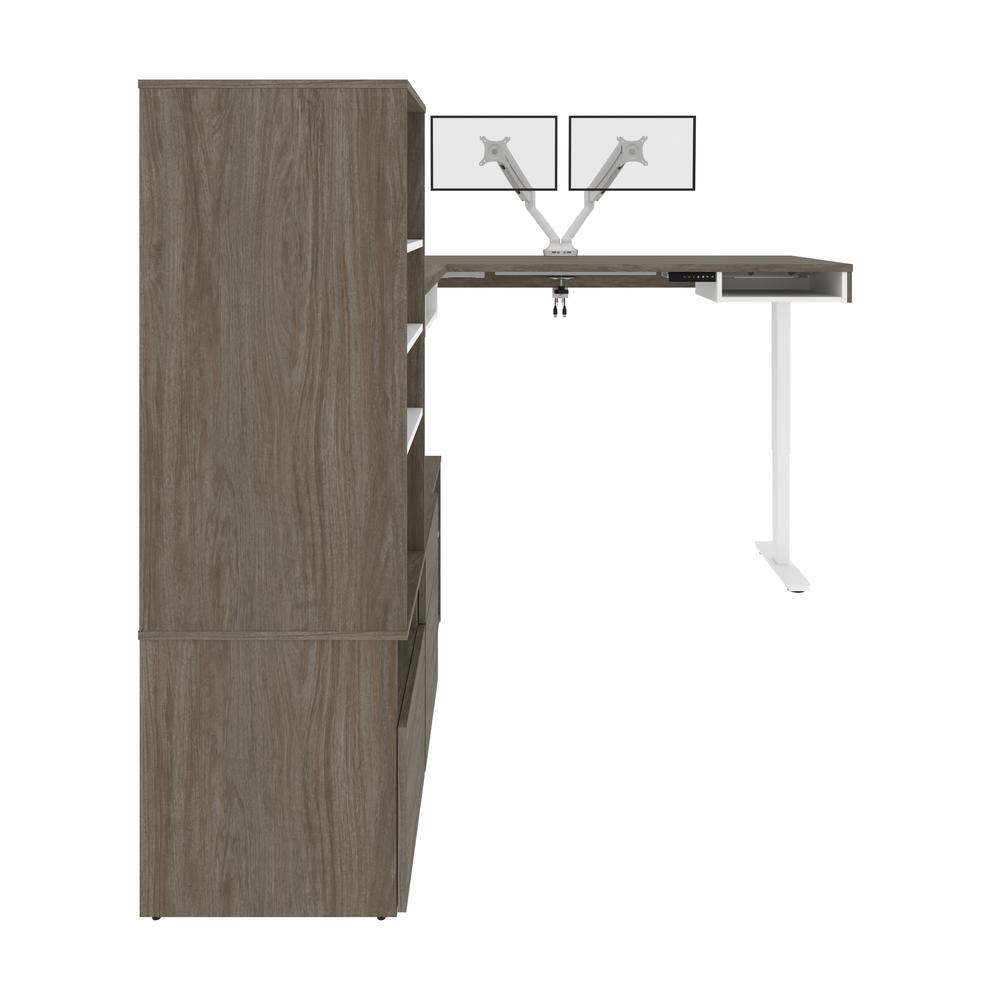 Bestar Viva 72W L-Shaped Standing Desk with Dual Monitor Arm and Storage , Walnut Grey & White. Picture 4