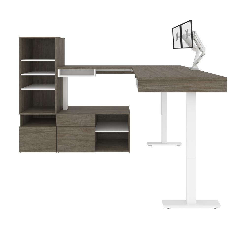 Bestar Viva 72W L-Shaped Standing Desk with Dual Monitor Arm and Storage , Walnut Grey & White. Picture 6