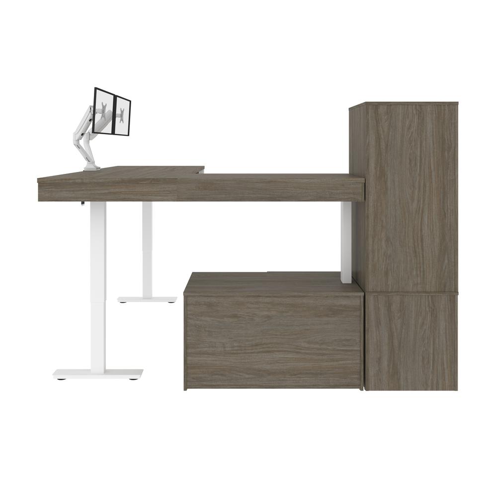 Bestar Viva 72W L-Shaped Standing Desk with Dual Monitor Arm and Storage , Walnut Grey & White. Picture 7