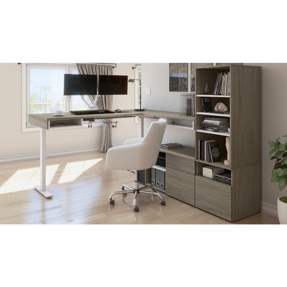 Bestar Viva 72W L-Shaped Standing Desk with Dual Monitor Arm and Storage , Walnut Grey & White. Picture 8