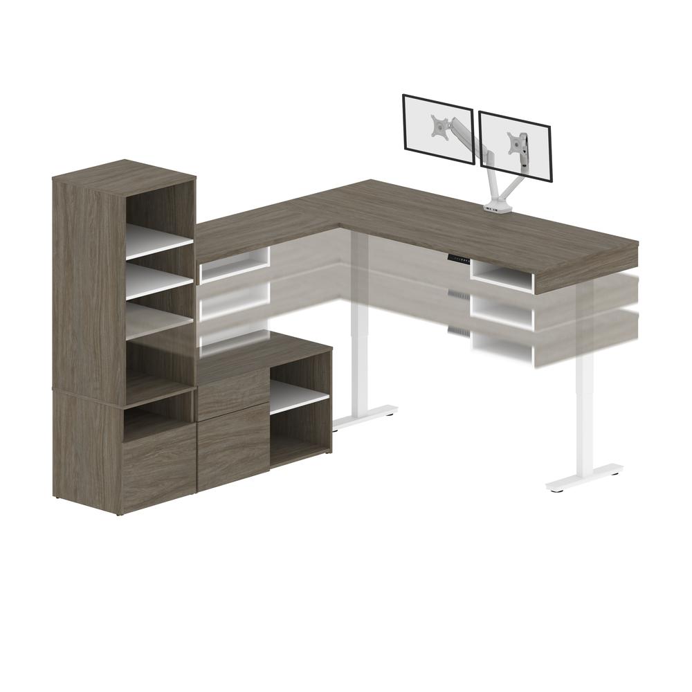Bestar Viva Two 72W L-Shaped Standing Desks with Dual Monitor Arms and Storage , Walnut Grey & White. Picture 2