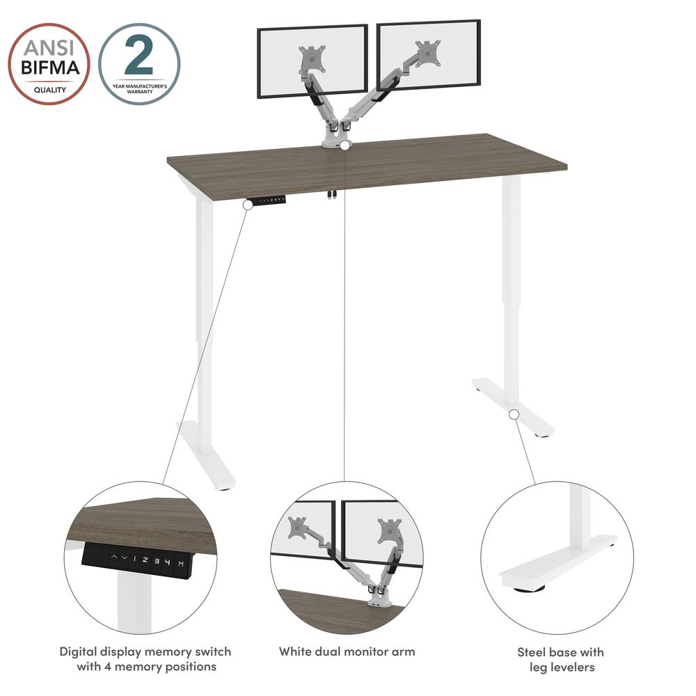 Bestar Viva 60W x 30D Electric Standing Desk with Monitor Arms , Walnut Grey. Picture 10