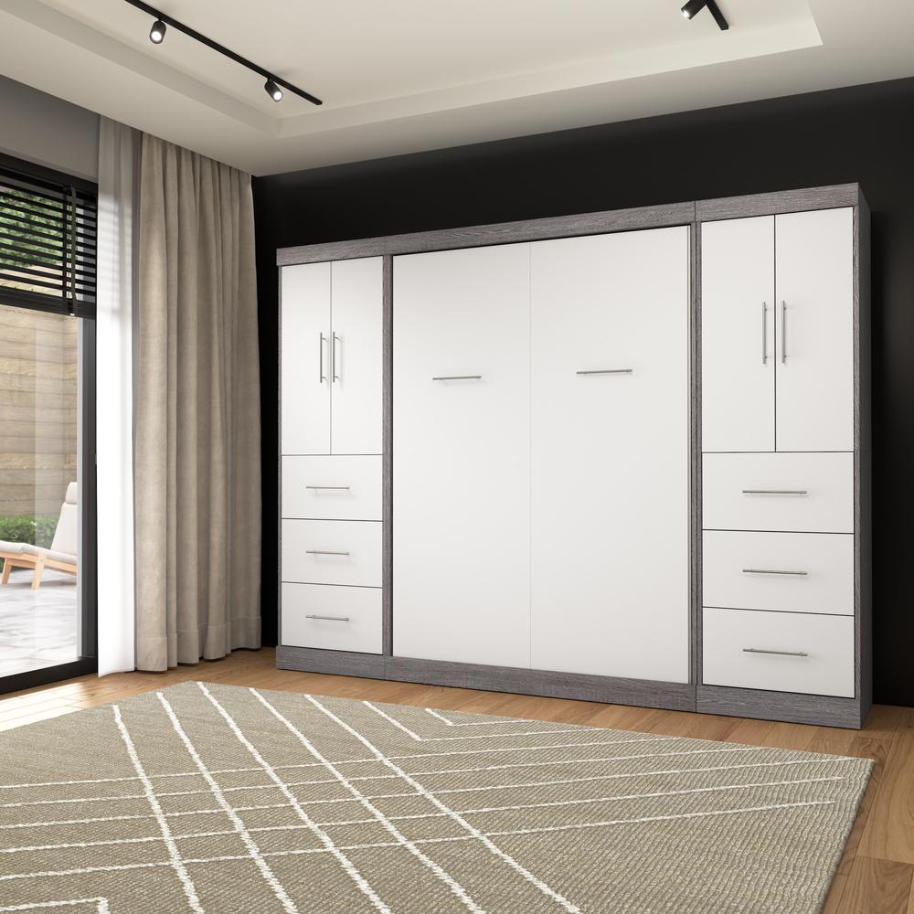 Nebula Full Murphy Bed with 2 Wardrobes (109W) in Bark Gray and White. Picture 4