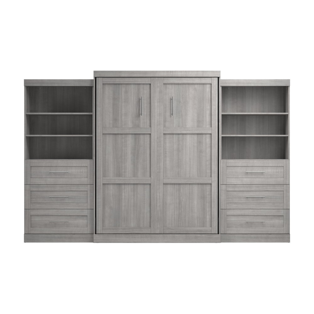 Pur Queen Murphy Bed and 2 Shelving Units with Drawers (136W) in Platinum Gray. Picture 4