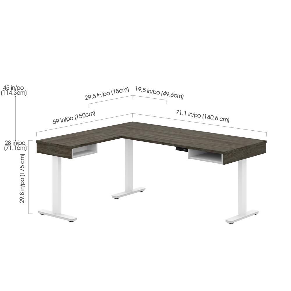Height Adjustable L-Desk with Dual Monitor Arm in Walnut Grey & White. Picture 5
