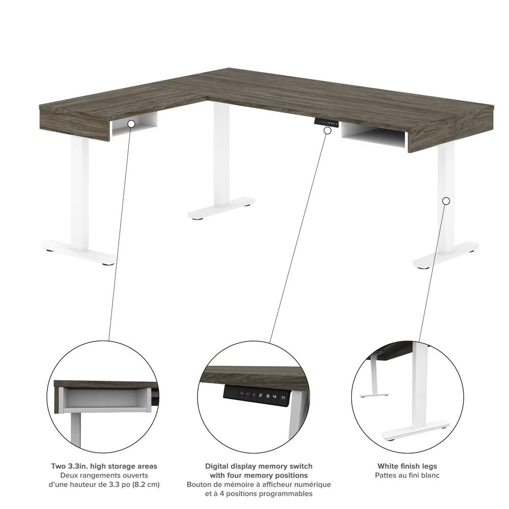 Height Adjustable L-Desk with Dual Monitor Arm in Walnut Grey & White. Picture 8
