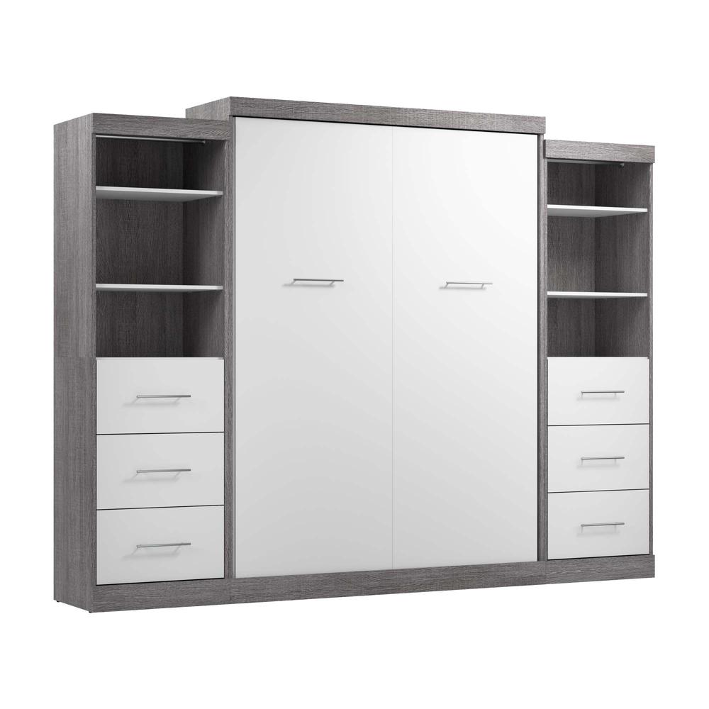 Queen Murphy Bed and 2 Closet Organizers with Drawers in Bark Gray and White. Picture 1