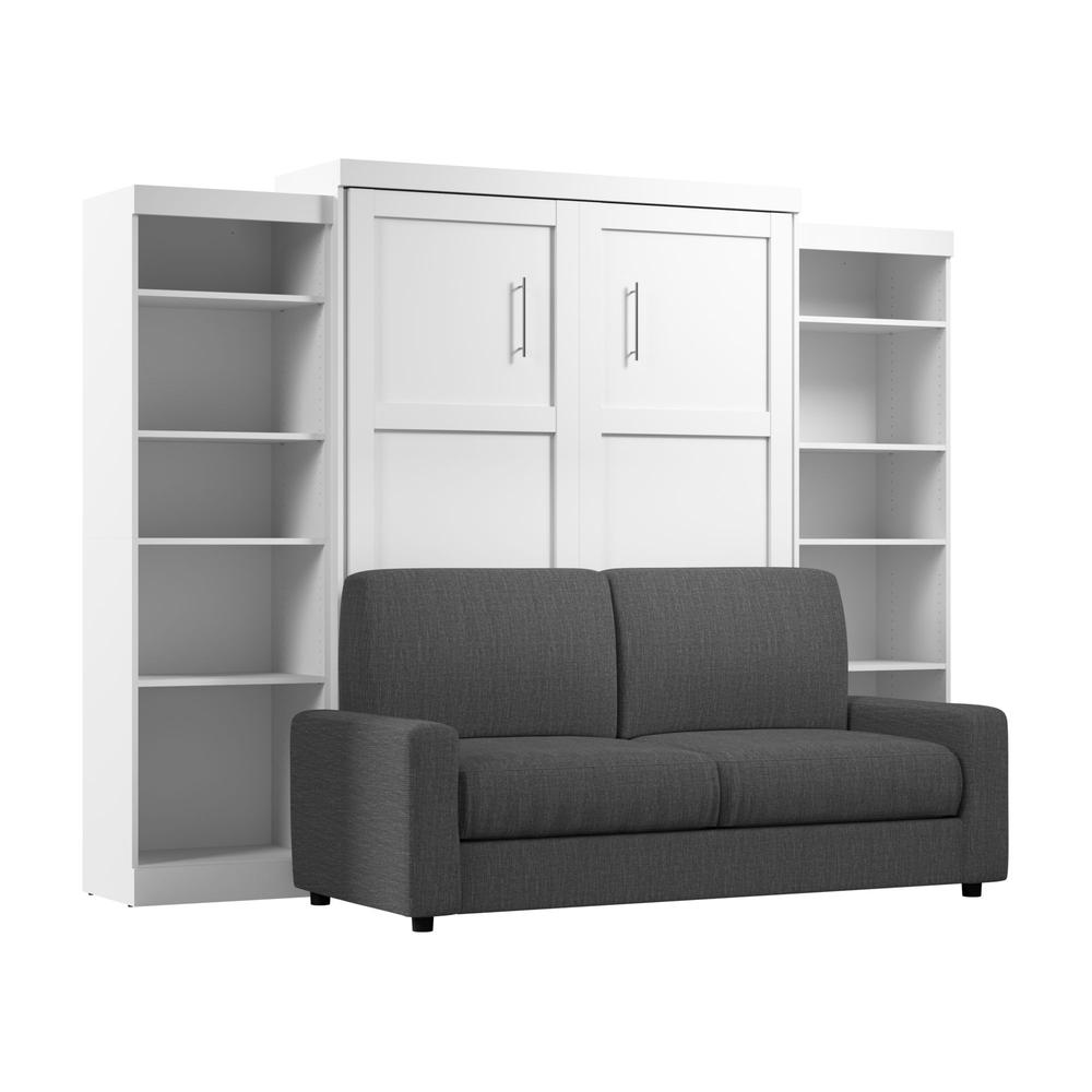Bestar Pur Queen Murphy Bed with Sofa and Shelving Units (115W) in White. Picture 1