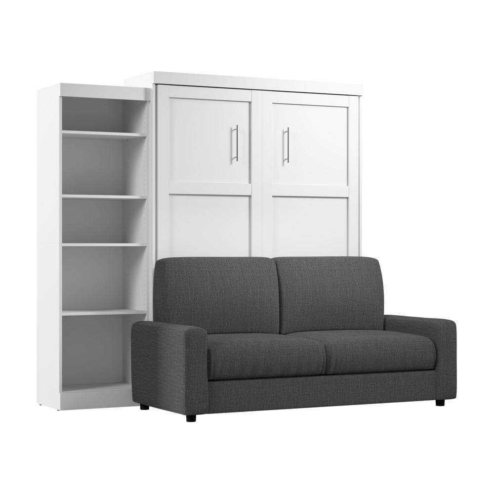 Bestar Pur Queen Murphy Bed with Sofa and Shelving Unit (96W) in White. Picture 1