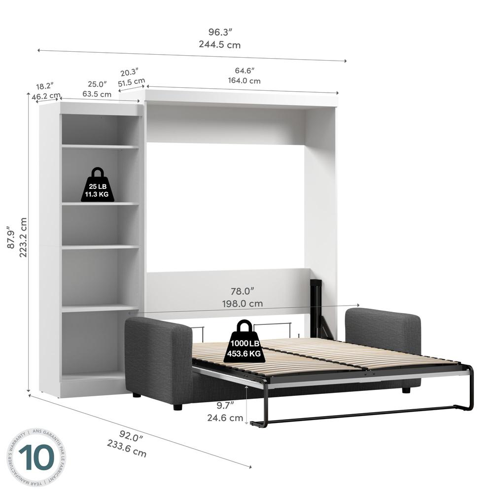 Bestar Pur Queen Murphy Bed with Sofa and Shelving Unit (96W) in White. Picture 7