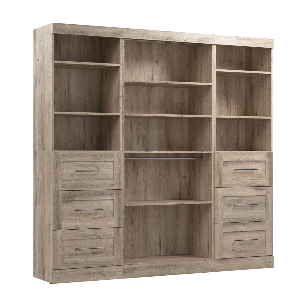 Bestar Pur 86W Closet Organization System with Drawers in rustic brown. Picture 1