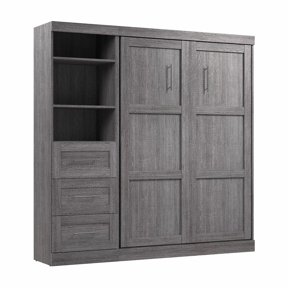 Bestar Pur Full Murphy Bed and Shelving Unit with Drawers (84W) in Bark Grey. Picture 1
