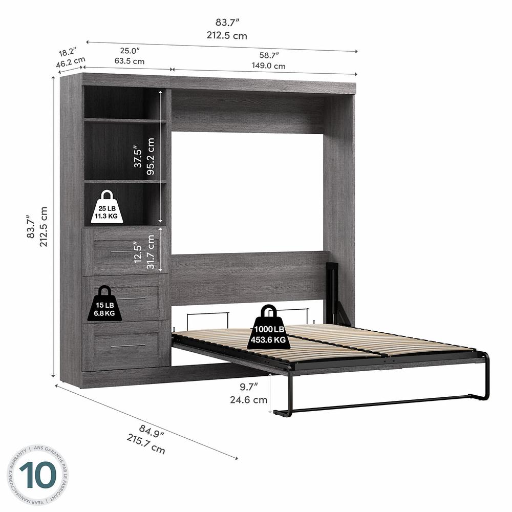 Bestar Pur Full Murphy Bed and Shelving Unit with Drawers (84W) in Bark Grey. Picture 4