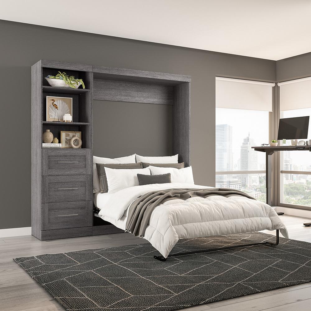 Bestar Pur Full Murphy Bed and Shelving Unit with Drawers (84W) in Bark Grey. Picture 6