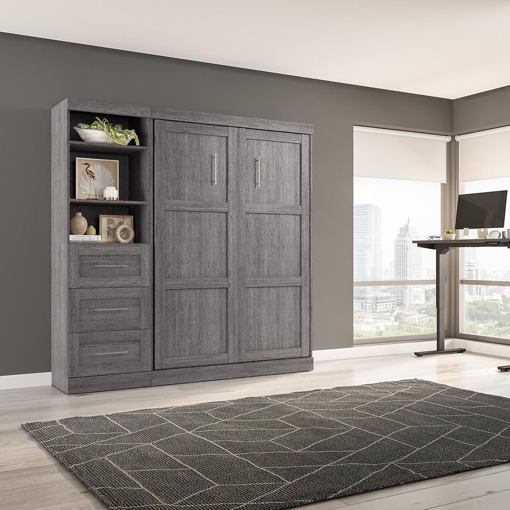 Bestar Pur Full Murphy Bed and Shelving Unit with Drawers (84W) in Bark Grey. Picture 7