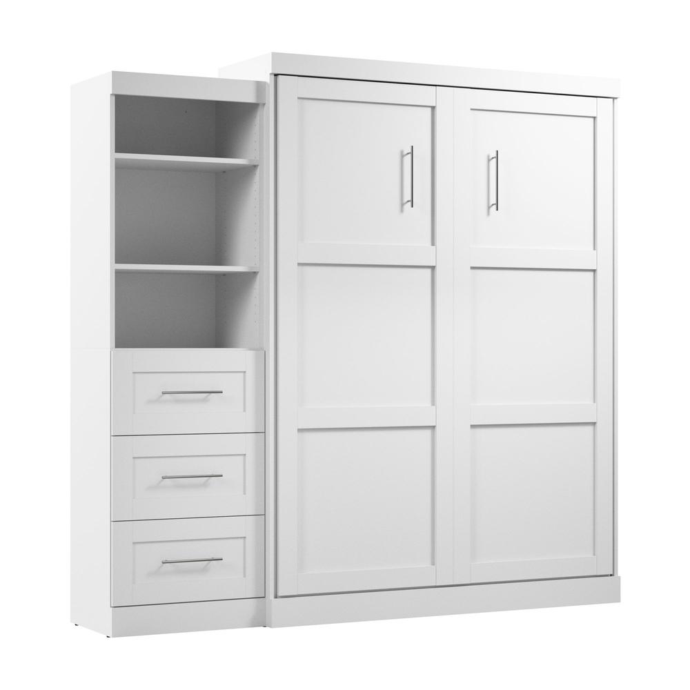 Bestar Pur Queen Murphy Bed and Shelving Unit with Drawers (90W) in White. Picture 1