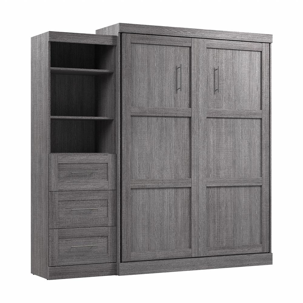 Bestar Pur Queen Murphy Bed and Shelving Unit with Drawers (90W) in Bark Grey. Picture 1