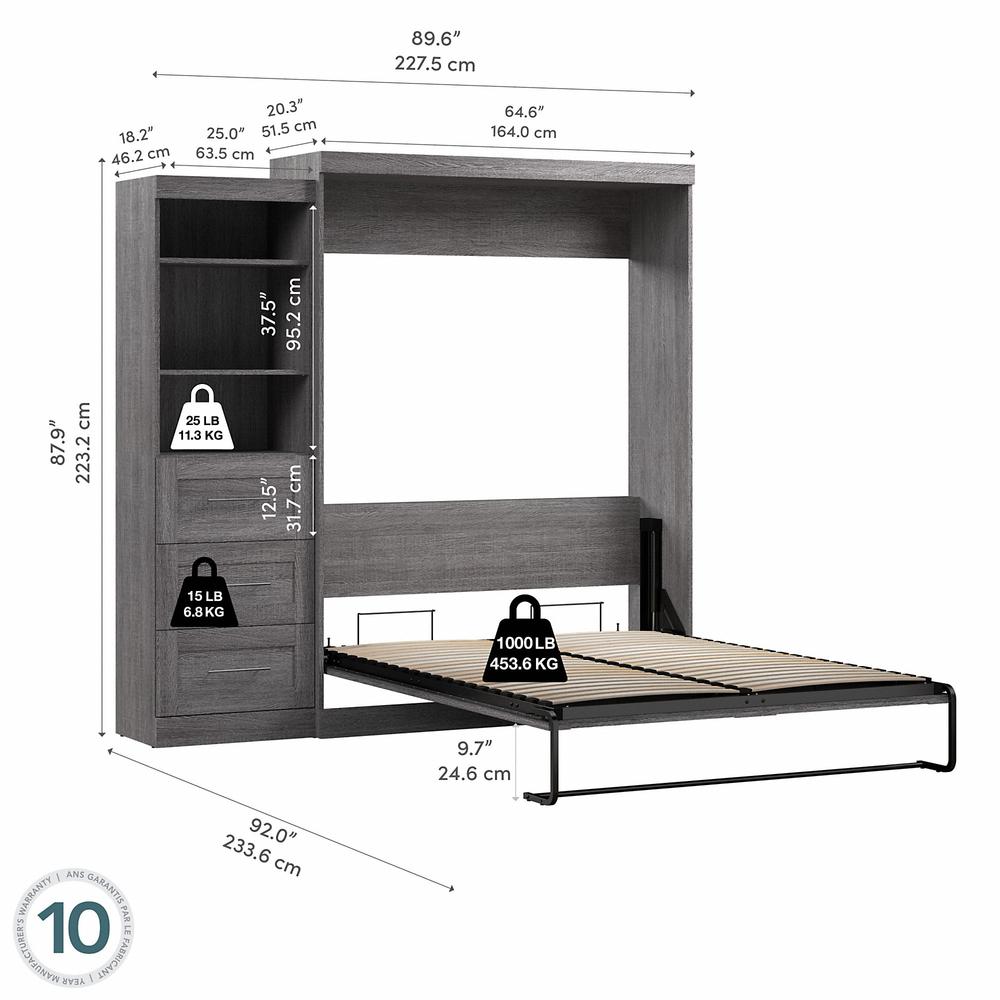Bestar Pur Queen Murphy Bed and Shelving Unit with Drawers (90W) in Bark Grey. Picture 6