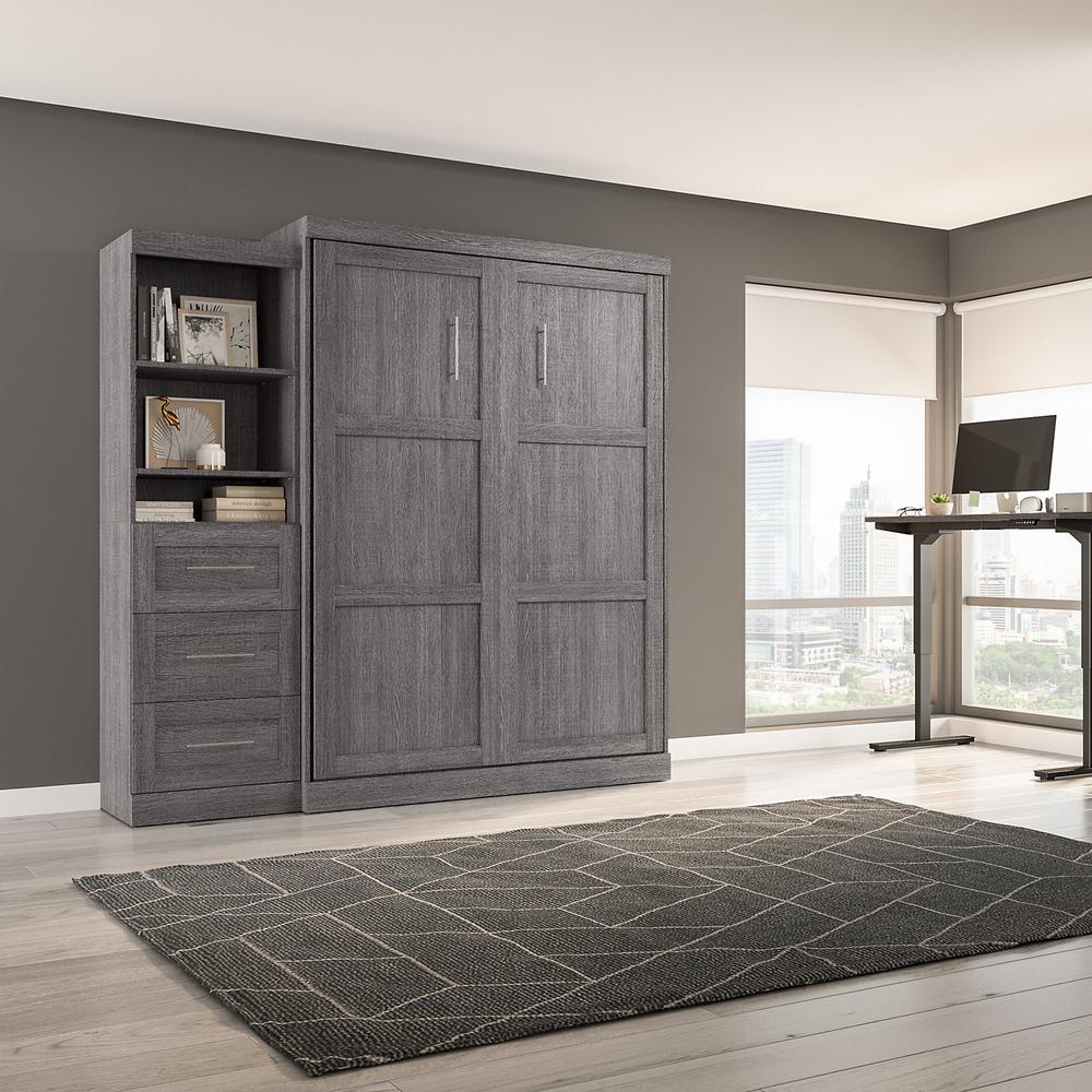 Bestar Pur Queen Murphy Bed and Shelving Unit with Drawers (90W) in Bark Grey. Picture 4