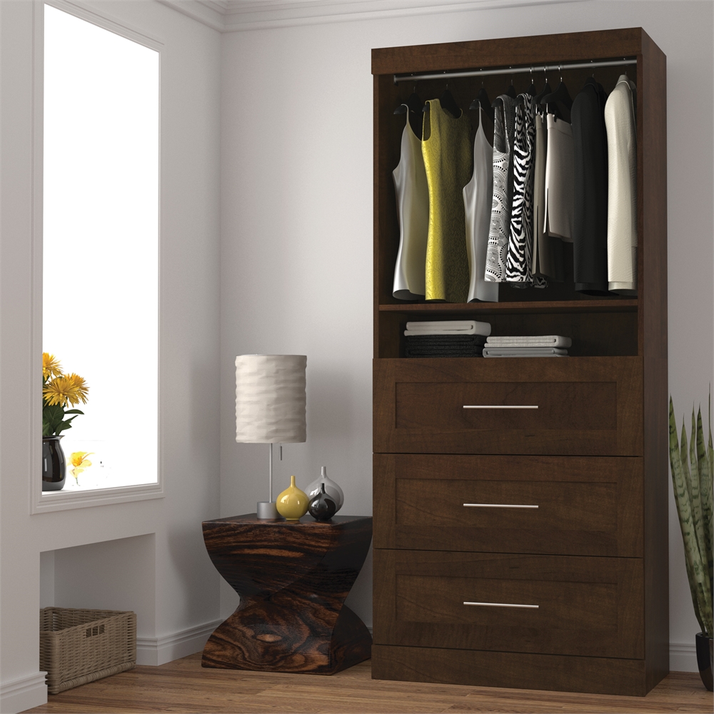 Bestar Pur 36 Storage Unit with 3-Drawer Set in Chocolate