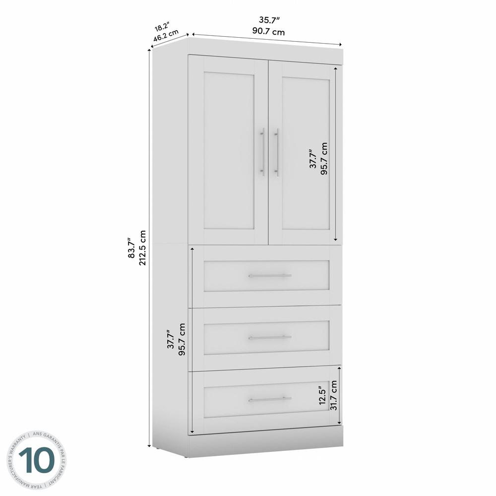 Pur 36" storage unit with 3-drawer set and doors in White. Picture 5