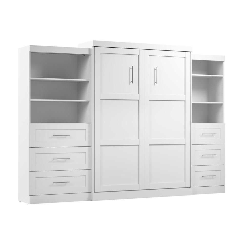 Bestar Pur Queen Murphy Bed and 2 Shelving Units with Drawers (126W) in White. Picture 1
