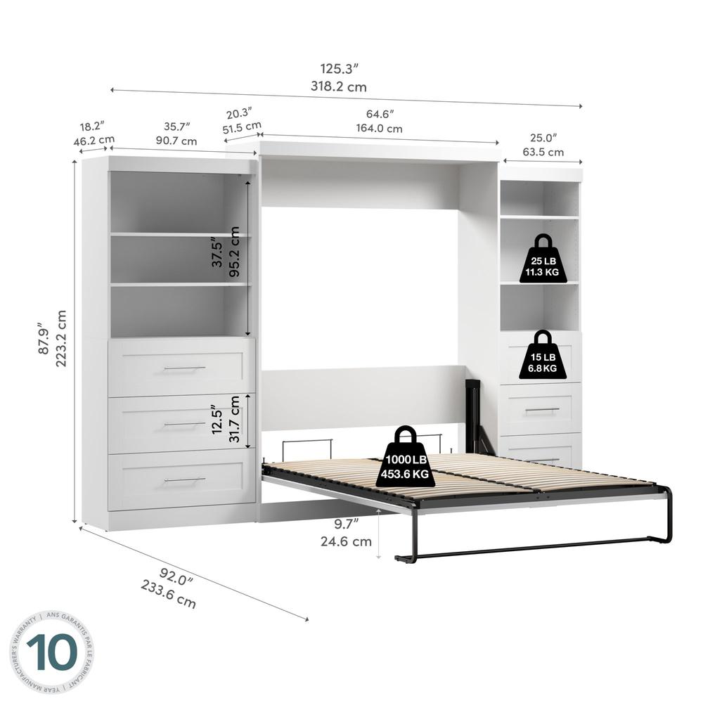 Bestar Pur Queen Murphy Bed and 2 Shelving Units with Drawers (126W) in White. Picture 7