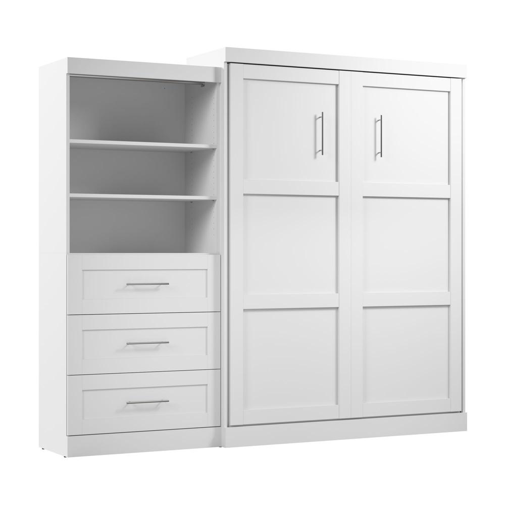 Bestar Pur Queen Murphy Bed and Shelving Unit with Drawers (101W) in White. Picture 1
