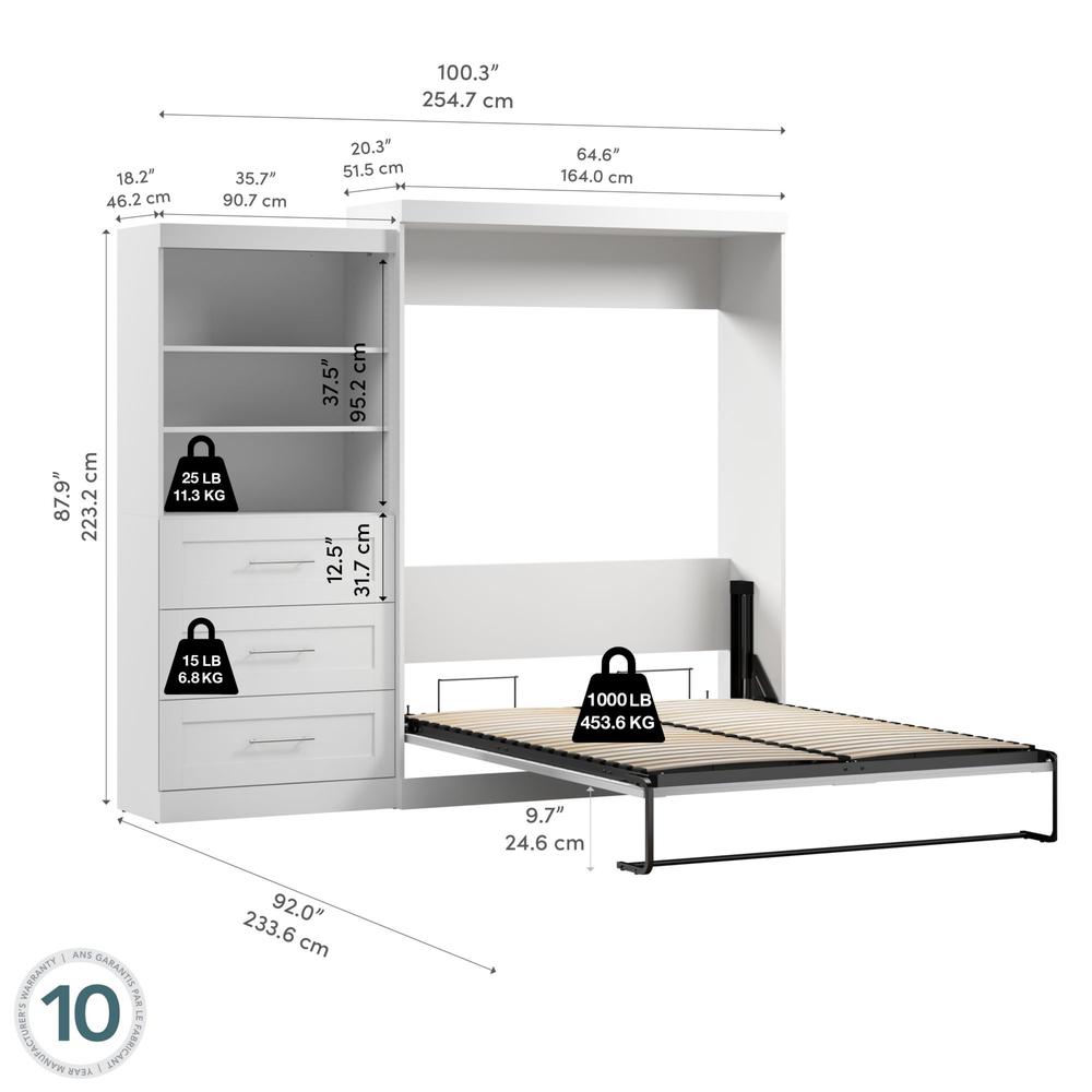 BESTAR Pur Murphy 2 Shelving Units with Drawers, Space-Saving Wall Bed,  Queen, White