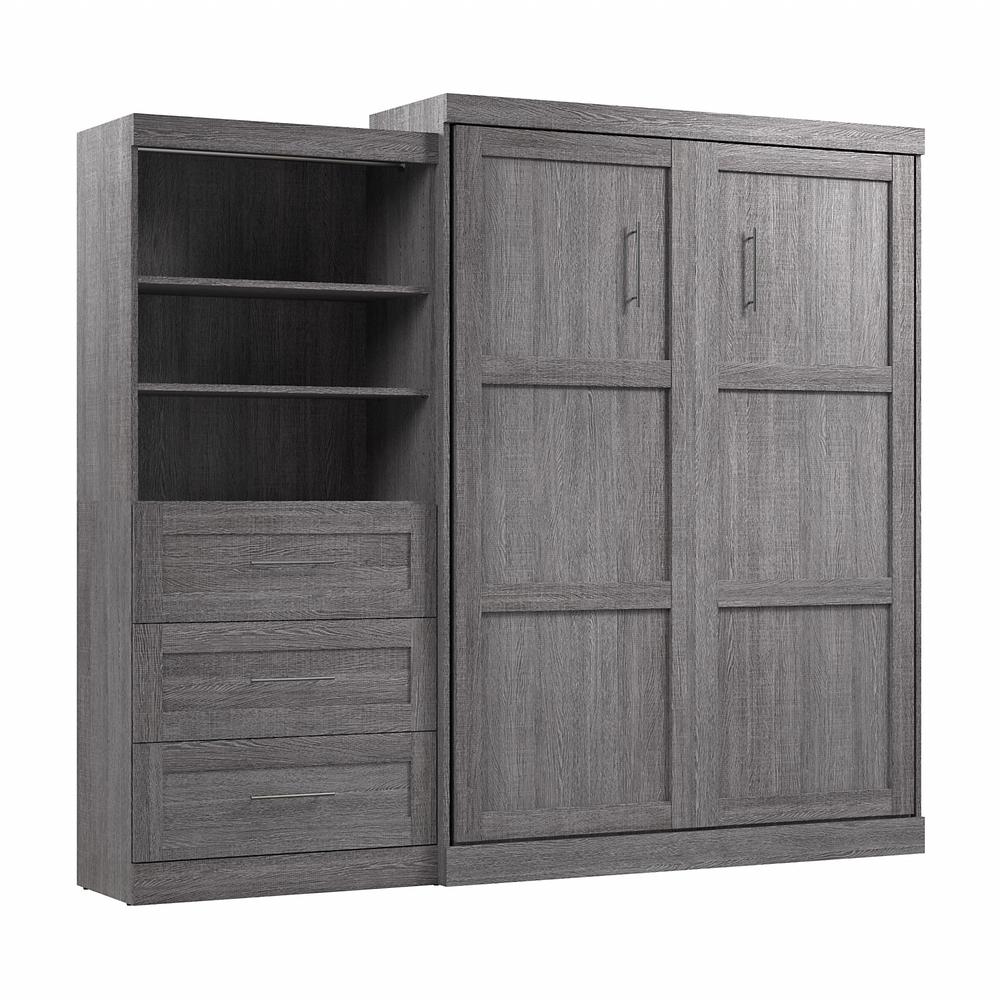 Bestar Pur Queen Murphy Bed and Shelving Unit with Drawers (101W) in Bark Grey. Picture 1