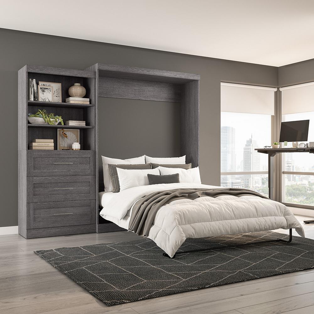 Bestar Pur Queen Murphy Bed and Shelving Unit with Drawers (101W) in Bark Grey. Picture 6