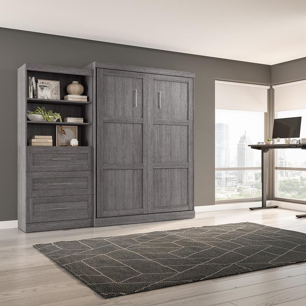 Bestar Pur Queen Murphy Bed and Shelving Unit with Drawers (101W) in Bark Grey. Picture 7