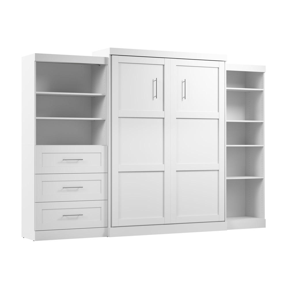Bestar Pur Queen Murphy Bed with Shelving and Drawers (126W) in White. Picture 1