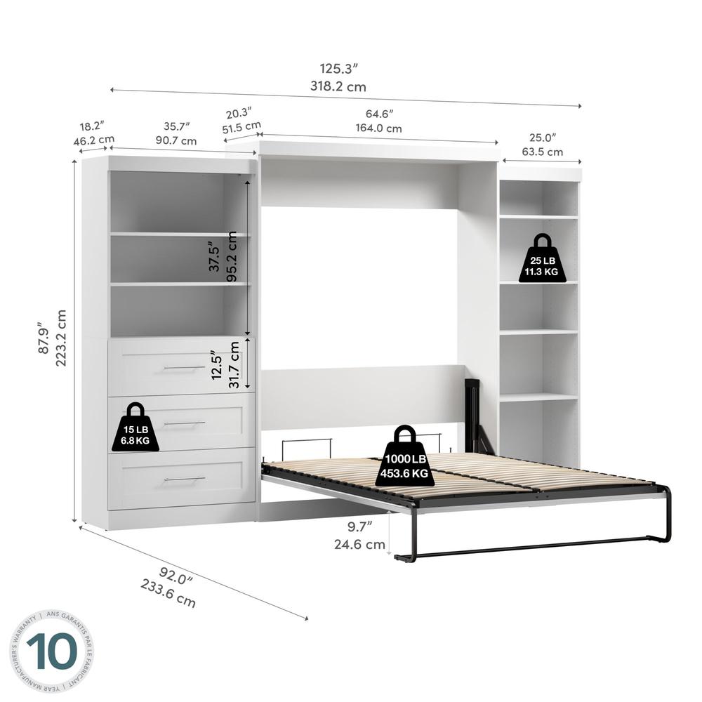 Bestar Pur Queen Murphy Bed with Shelving and Drawers (126W) in White. Picture 7
