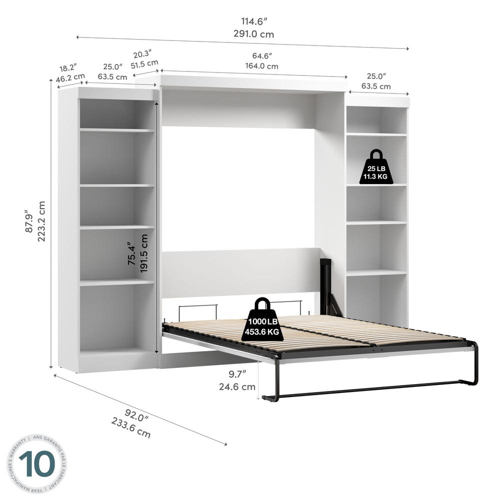 Bestar Pur Queen Murphy Bed and 2 Shelving Units (115W) in White. Picture 7