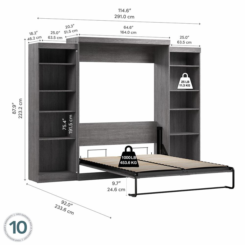Bestar Pur Queen Murphy Bed and 2 Shelving Units (115W) in Bark Grey. Picture 6
