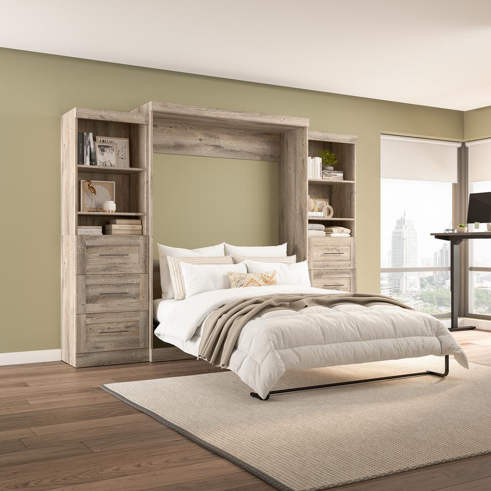 Bestar Pur Queen Murphy Bed and 2 Shelving Units with Drawers, Rustic Brown (115W). Picture 12